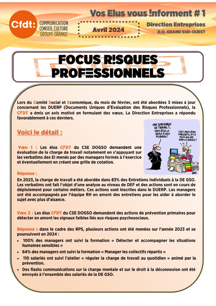 FOCUS RISQUES
PROFESSIONNELS
Lors du Comité Social et Economique, du mois de février, ont été abordées 3 mises à jour concernant les DUERP (Documents Uniques d’Evaluation des Risques Professionnels), la CFDT a émis un avis motivé en formulant des vœux. La Direction Entreprises a répondu favorablement à ces derniers.

Voici le détail :

 Vœu 1 : Les élus CFDT du CSE DOGSO demandent une évaluation de la charge de travail notamment en s’appuyant sur les verbatims des EI menés par des managers formés à l’exercice et éventuellement en créant une grille de cotation. 

Réponse :
En 2023, la charge de travail a été abordée dans 83% des Entretiens Individuels à la DE GSO. Les verbatims ont fait l’objet d’une analyse au niveau de DEF et des actions sont en cours de déploiement pour certains métiers. Ces actions sont inscrites dans le DUERP. Les managers ont été accompagnés par l‘équipe RH en amont des entretiens pour les aider à aborder le sujet avec plus d’aisance. 

Vœu 2 : Les élus CFDT du CSE DOGSO demandent des actions de prévention primaires pour détecter en amont les signaux faibles liés aux risques psychosociaux. 

Réponse : dans le cadre des RPS, plusieurs actions ont été menées sur l’année 2023 et se poursuivent en 2024 :
 100% des managers ont suivi la formation « Détecter et accompagner les situations humaines sensibles » 
64% des managers ont suivi la formation « Manager les collectifs répartis »
 110 salariés ont suivi l’atelier « réguler la charge de travail au quotidien » animé par la prévention.
Des flashs communications sur la charge mentale et sur le droit à la déconnexion ont été envoyés à l’ensemble des salariés de la DE GSO.
