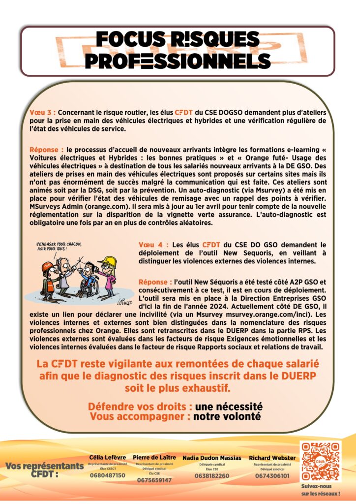 Vœu 3 : Concernant le risque routier, les élus CFDT du CSE DOGSO demandent plus d'ateliers pour la prise en main des véhicules électriques et hybrides et une vérification régulière de l'état des véhicules de service. 
 
Réponse : le processus d’accueil de nouveaux arrivants intègre les formations e-learning « Voitures électriques et Hybrides : les bonnes pratiques » et « Orange futé- Usage des véhicules électriques » à destination de tous les salariés nouveaux arrivants à la DE GSO. Des ateliers de prises en main des véhicules électriques sont proposés sur certains sites mais ils n’ont pas énormément de succès malgré la communication qui est faite. Ces ateliers sont animés soit par la DSG, soit par la prévention. Un auto-diagnostic (via Msurvey) a été mis en place pour vérifier l’état des véhicules de remisage avec un rappel des points à vérifier. MSurveys Admin (orange.com). Il sera mis à jour au 1er avril pour tenir compte de la nouvelle réglementation sur la disparition de la vignette verte assurance. L’auto-diagnostic est obligatoire une fois par an en plus de contrôles aléatoires. 

Vœu 4 : Les élus CFDT du CSE DO GSO demandent le déploiement de l’outil New Sequoris, en veillant à distinguer les violences externes des violences internes. 

Réponse : l’outil New Séquoris a été testé côté A2P GSO et consécutivement à ce test, il est en cours de déploiement. L’outil sera mis en place à la Direction Entreprises GSO d’ici la fin de l’année 2024. Actuellement côté DE GSO, il existe un lien pour déclarer une incivilité (via un Msurvey msurvey.orange.com/inci). Les violences internes et externes sont bien distinguées dans la nomenclature des risques professionnels chez Orange. Elles sont retranscrites dans le DUERP dans la partie RPS. Les violences externes sont évaluées dans les facteurs de risque Exigences émotionnelles et les violences internes évaluées dans le facteur de risque Rapports sociaux et relations de travail.
La CFDT reste vigilante aux remontées de chaque salarié afin que le diagnostic des risques inscrit dans le DUERP soit le plus exhaustif.
Défendre vos droits : une nécessité
Vous accompagner : notre volonté
