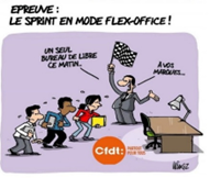 Epreuve: le print en mode flex-office.
un directeur drapeau, à damier à la main, donne le départ pour une course entre trois salariés pour un seul bureau