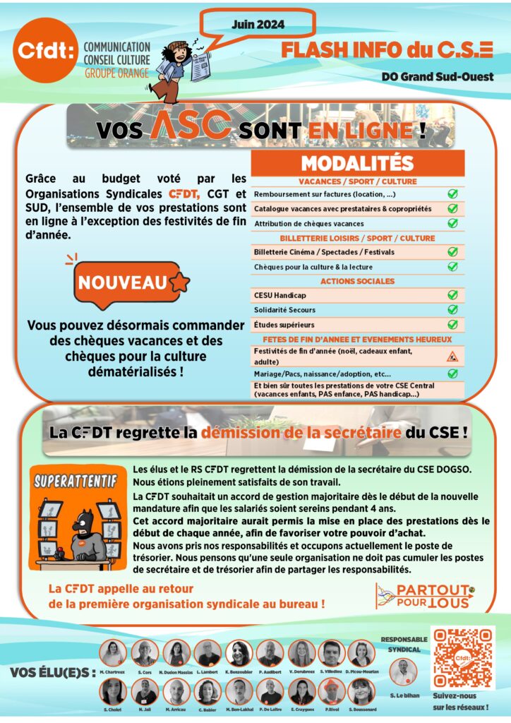 FLASH INFO DU CSE 2
VOS ASC SONT EN LIGNE !
Grâce au budget voté par les Organisations Syndicales CFDT, CGT et SUD, l’ensemble de vos prestations sont en ligne à l’exception des festivités de fin d’année.
nouveau :
Vous pouvez désormais commander des chèques vacances et des chèques pour la culture dématérialisés !
MODALITÉS
VACANCES / SPORT / CULTURE
Remboursement sur factures (location, ...) Catalogue vacances avec prestataires & copropriétés Attribution de chèques vacances BILLETTERIE LOISIRS / SPORT / CULTURE Billetterie Cinéma / Spectacles / Festivals Chèques pour la culture & la lecture ACTIONS SOCIALES CESU Handicap Solidarité Secours Études supérieurs FETES DE FIN D’ANNEE ET EVENEMENTS HEUREUX Festivités de fin d’année (noël, cadeaux enfant, adulte) Mariage/Pacs, naissance/adoption, etc… Et bien sûr toutes les prestations de votre CSE Central (vacances enfants, PAS enfance, PAS handicap…)
La CFDT regrette la démission de la secrétaire du CSE ! Les élus et le RS CFDT regrettent la démission de la secrétaire du CSE DOGSO.
Nous étions pleinement satisfaits de son travail.
La CFDT souhaitait un accord de gestion majoritaire dès le début de la nouvelle mandature afin que les salariés soient sereins pendant 4 ans.
Cet accord majoritaire aurait permis la mise en place des prestations dès le début de chaque année, afin de favoriser votre pouvoir d’achat.
Nous avons pris nos responsabilités et occupons actuellement le poste de trésorier. Nous pensons qu'une seule organisation ne doit pas cumuler les postes de secrétaire et de trésorier afin de partager les responsabilités. La CFDT appelle au retour
de la première organisation syndicale au bureau !
PARTOUT POUR TOUS